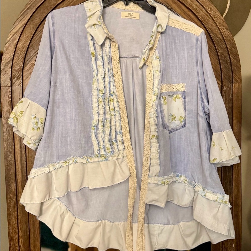 Palimpsest No 1 Chambray Art Blouse One of a Kind Reconstructed Heirloom Top